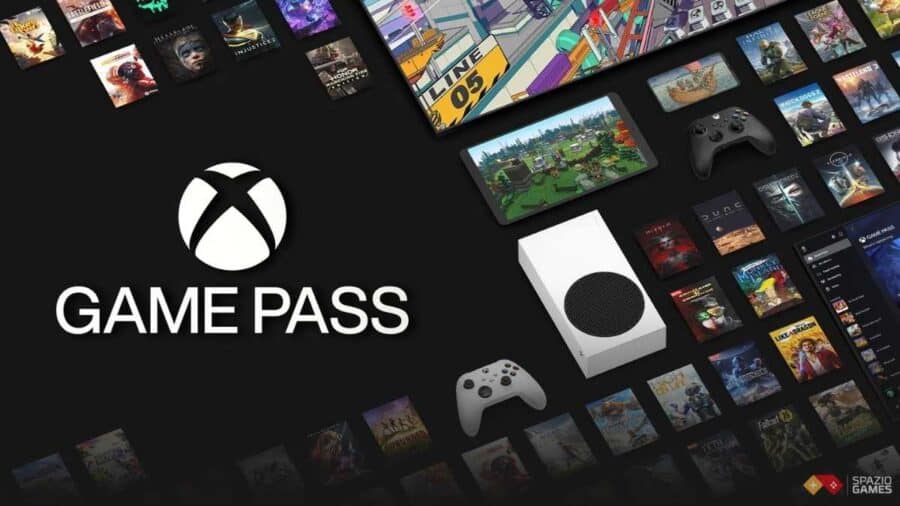 Composizione grafica di Xbox Game Pass con logo centrale, console Xbox Series S, controller e copertine di numerosi videogiochi distribuiti attorno.