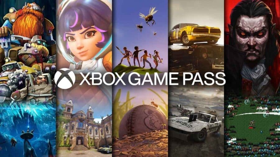 Banner illustrato di Xbox Game Pass con collage verticale di diversi videogiochi e personaggi appartenenti al catalogo del servizio in abbonamento.