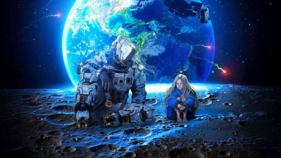 Un astronauta in tuta spaziale e una bambina dai lunghi capelli biondi siedono sulla superficie lunare con la Terra luminosa sullo sfondo.