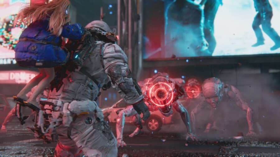 Hugh affronta in combattimento alcune creature robotiche ostili in un ambiente urbano futuristico, mentre Diana è sulle sue spalle.