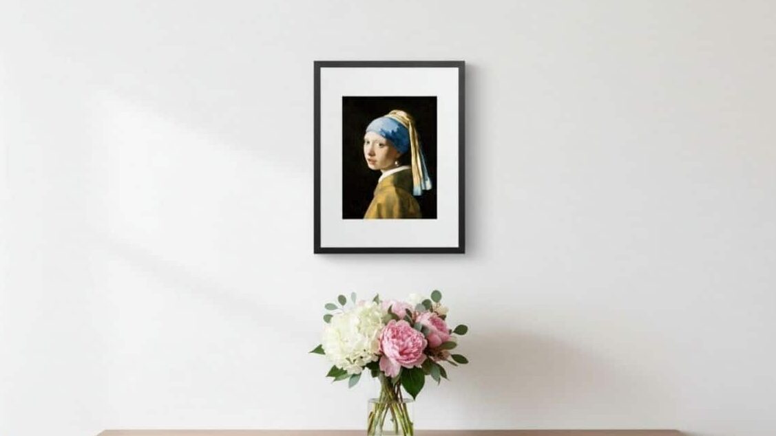 Una cornice con il dipinto La ragazza con l’orecchino di perla è appesa a una parete bianca sopra un mobile con un vaso di fiori.