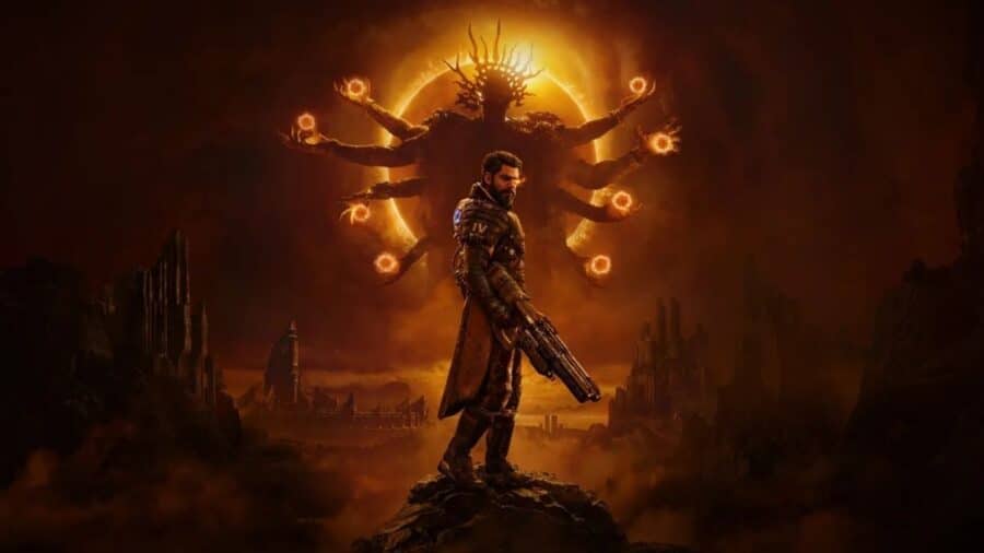 Key art di Saros con il protagonista armato in primo piano e una gigantesca figura divina o mostruosa dalle molte braccia sullo sfondo.