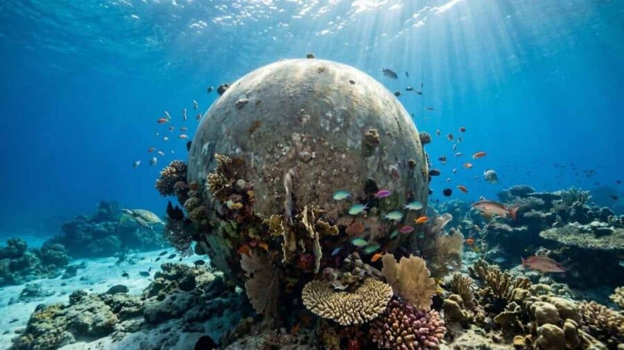 Una grande sfera sommersa sul fondale oceanico è ricoperta da coralli e circondata da piccoli pesci in acque limpide illuminate dal sole.