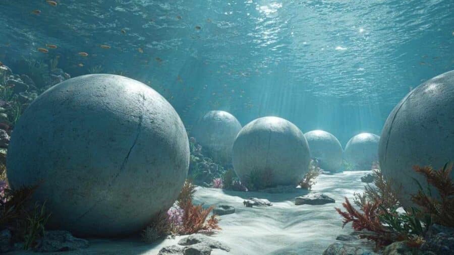 Più sfere lisce di grandi dimensioni sono disposte sul fondale marino sabbioso in un ambiente subacqueo attraversato da fasci di luce.