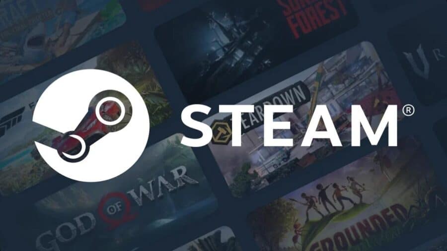 Logo bianco di Steam su sfondo blu con collage sfocato di videogiochi sullo sfondo.