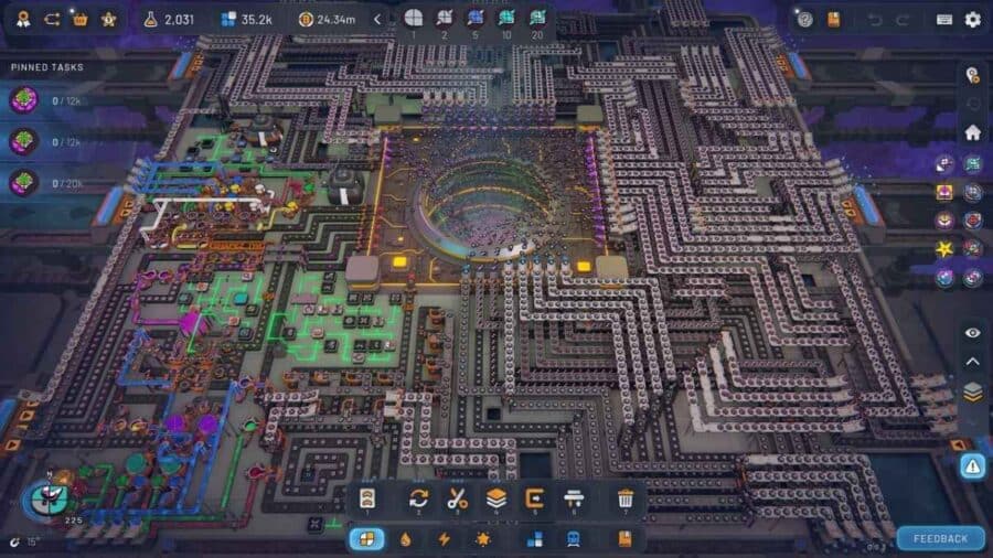 Panoramica di una fabbrica estremamente complessa in Shapez, con nastri trasportatori, moduli produttivi e reti di smistamento che occupano l’intera mappa di gioco.