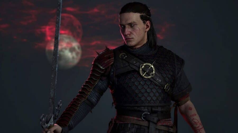 Ritratto del protagonista di The Blood of Dawnwalker in armatura scura, con spada in mano e due lune sullo sfondo rosso.