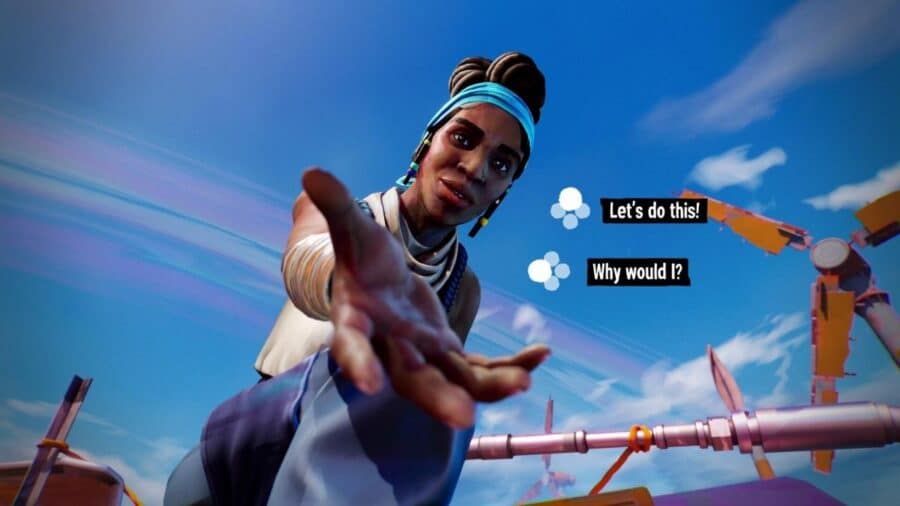 Primo piano di un personaggio che tende la mano verso il giocatore, con due opzioni di dialogo visibili sullo schermo in un contesto luminoso e stilizzato.