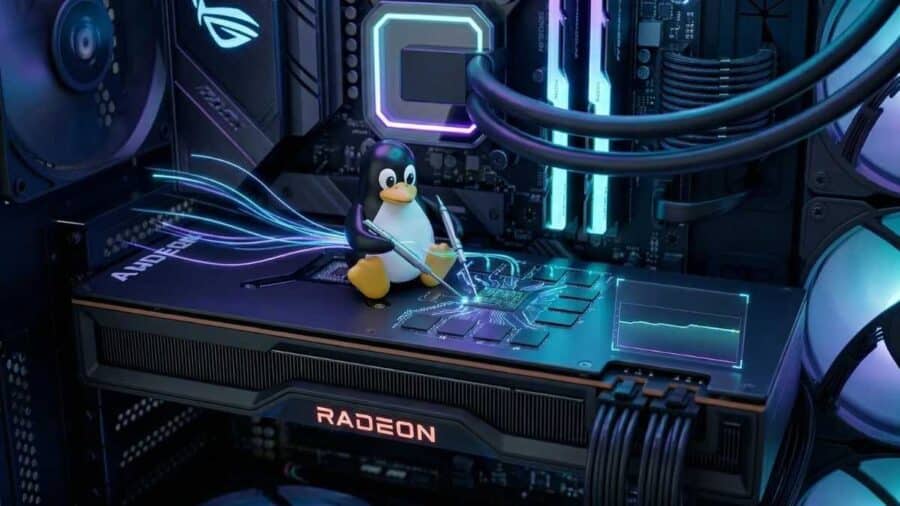 Mascotte Tux di Linux seduta sopra una scheda video AMD Radeon installata in un PC gaming con illuminazione RGB, mentre interagisce con un chip rappresentato in grafica futuristica.