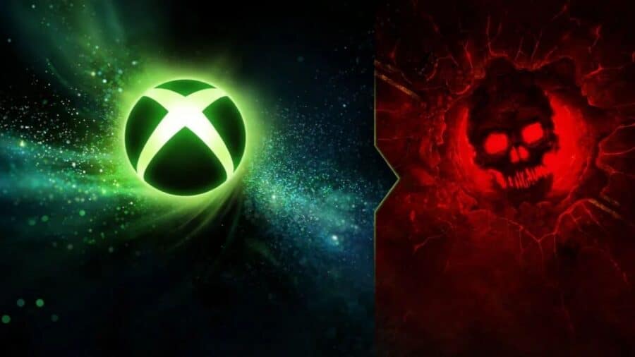 Grafica promozionale con il logo Xbox su sfondo verde cosmico affiancato dal teschio rosso di Gears of War, simbolo dell’evento Direct dedicato a E-Day.