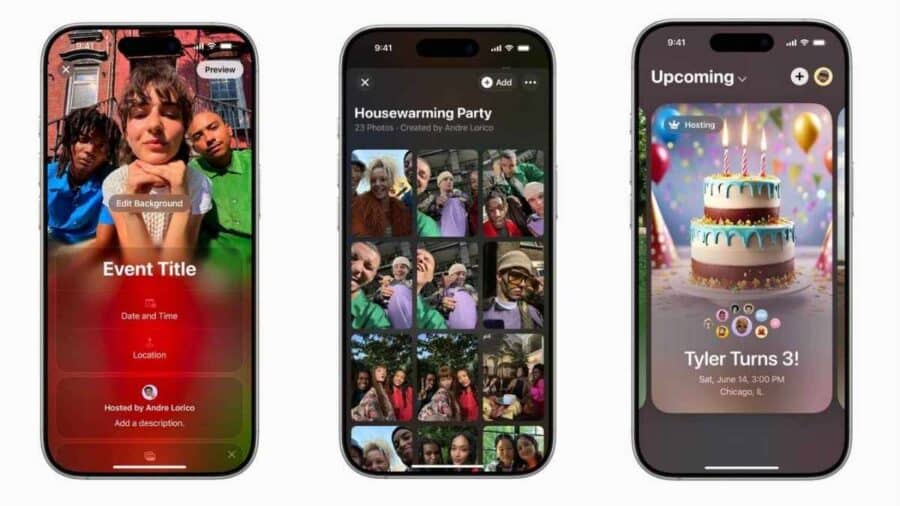Tre iPhone mostrano l’interfaccia dell’app Inviti con creazione evento, raccolta foto condivise e schermata di un compleanno imminente.