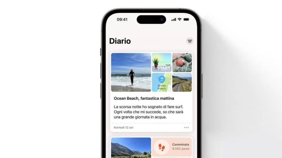 Un iPhone visualizza l’app Diario con una voce illustrata da foto, mappa e testo personale in italiano.