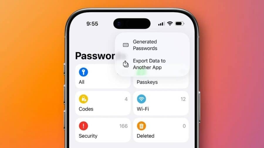 Un iPhone mostra l’app Password con categorie come Passkeys, Wi-Fi, codici e sicurezza, insieme a un menu per esportare i dati.