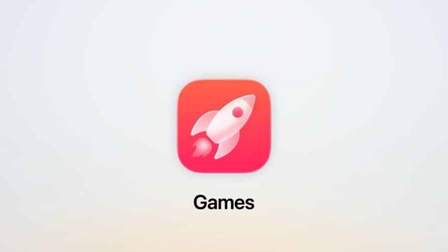 Icona dell’app Games di Apple con razzo bianco su sfondo rosso, mostrata su schermata chiara.