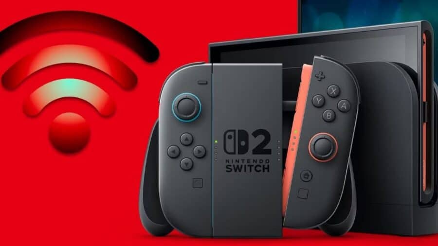Nintendo Switch 2 con dock e Joy-Con è mostrata accanto a un grande simbolo rosso del Wi-Fi.