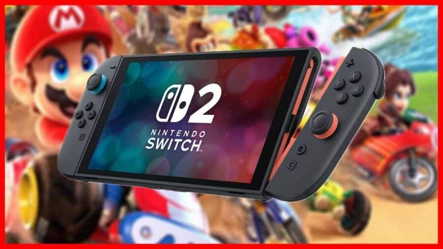 Nintendo Switch 2 in modalità portatile è mostrata davanti a uno sfondo sfocato con Mario Kart e personaggi Nintendo.