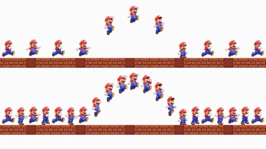 Diversi sprite di Mario sono disposti in fila a formare il numero 2 sopra e sotto piattaforme in stile Super Mario.