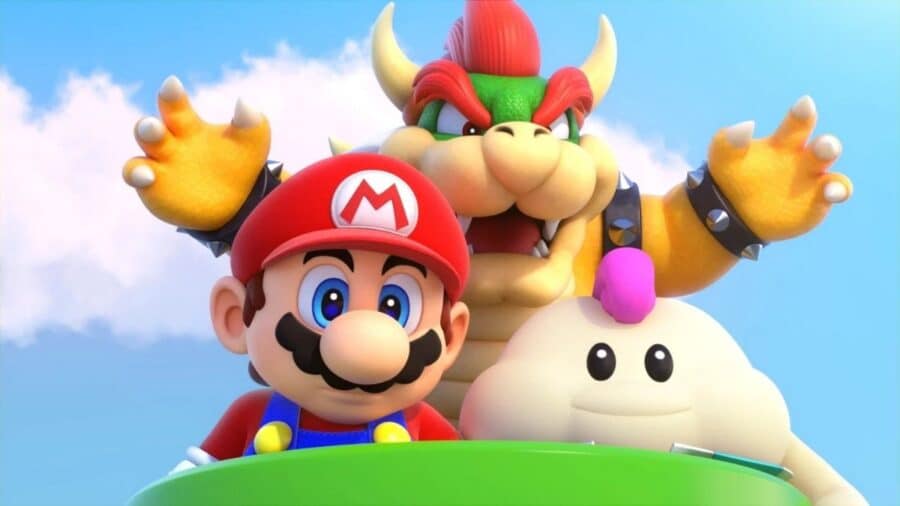 Mario, Bowser e il piccolo Principe Florian sono ritratti insieme in una scena colorata della serie Super Mario.