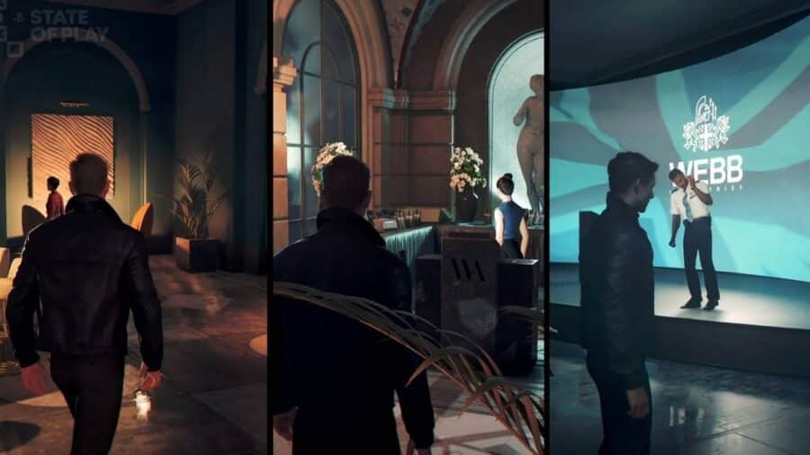 Sequenza tripla di 007 First Light con James Bond che esplora ambienti interni, sale eleganti e una presentazione tecnologica.