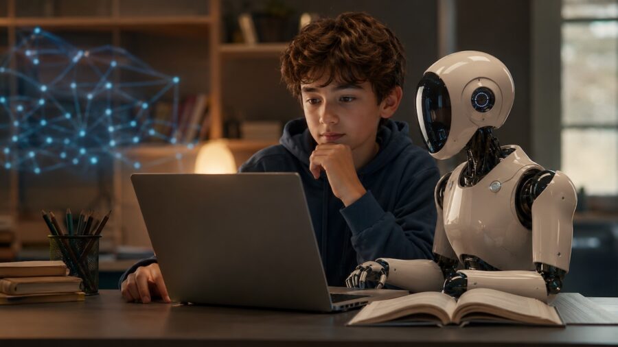 Un ragazzo che studia con l'ausilio di un robot
