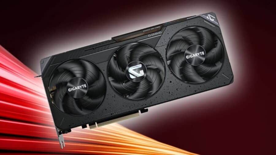Scheda video Gigabyte Radeon RX 9070 con tripla ventola, sospesa su sfondo rosso e arancione con effetto di velocità.