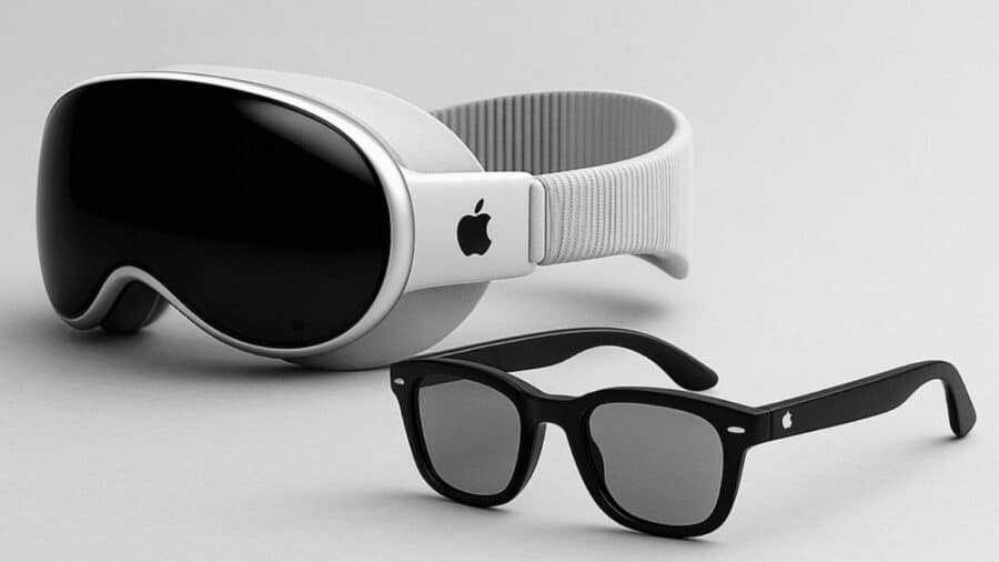 Visore Apple bianco con ampia superficie frontale nera affiancato da un paio di occhiali neri dal design classico, entrambi su sfondo neutro.