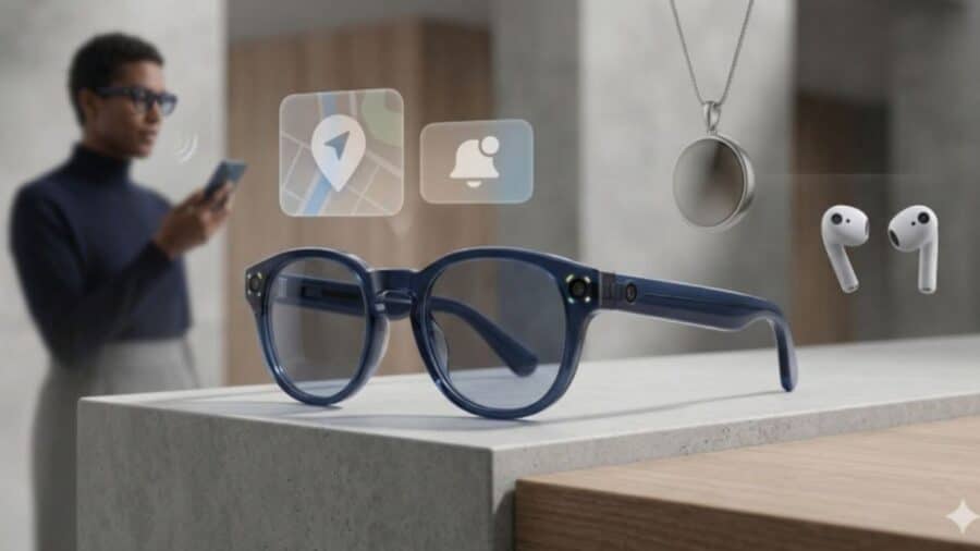 Un paio di smart glasses blu su un tavolo con icone fluttuanti di localizzazione e notifiche; sullo sfondo una persona usa lo smartphone, accanto compaiono AirPods e un pendente intelligente.