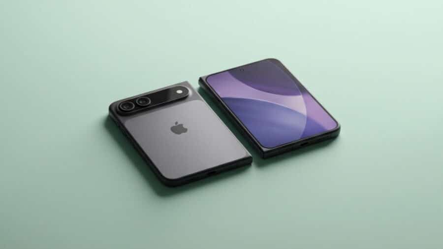 Due smartphone pieghevoli chiusi appoggiati su uno sfondo verde chiaro, uno mostrato sul retro con logo Apple e doppia fotocamera, l’altro frontalmente con display acceso.
