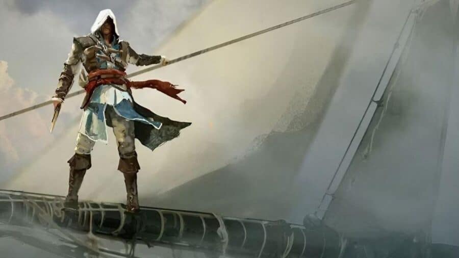 Edward Kenway in equilibrio sull’albero di una nave, con cappuccio bianco e lama in mano, durante una scena promozionale di Assassin’s Creed Black Flag Resynced tra vele gonfie e atmosfera marittima.