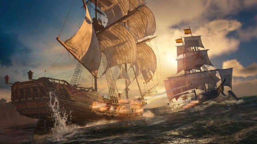 Due grandi velieri si affrontano in mare aperto durante una battaglia navale al tramonto, con cannoni in fuoco e vele spiegate.