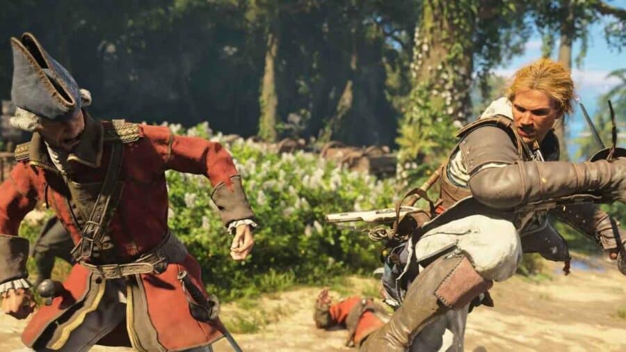 Edward Kenway combatte corpo a corpo contro un soldato in uniforme rossa in una zona tropicale, mentre un altro nemico giace a terra sullo sfondo.
