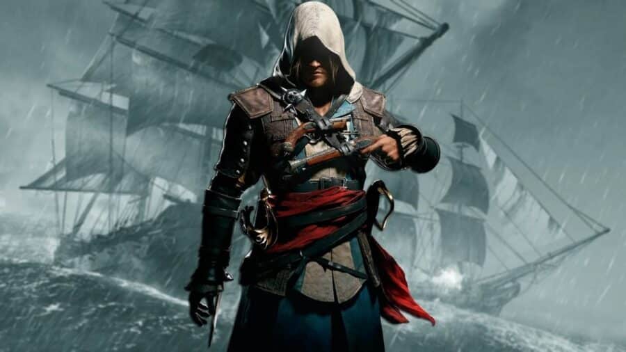 Edward Kenway in primo piano con cappuccio, pistole e spada, davanti a navi in una tempesta sullo sfondo.