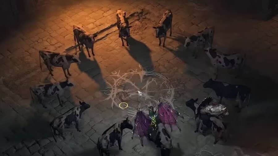 Personaggio di Diablo 4 circondato da numerose mucche disposte in cerchio all’interno di una stanza in pietra, mentre al centro compare un simbolo rituale luminoso che richiama il Livello Segreto delle Mucche.