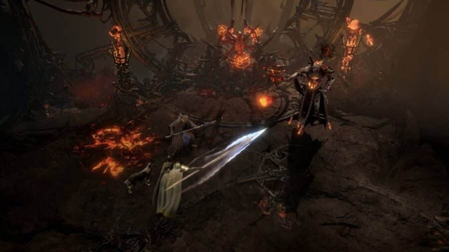 Scena di combattimento isometrica in Diablo 4: Lord of Hatred con guerrieri e magie luminose contro un nemico demoniaco in un’arena infernale.