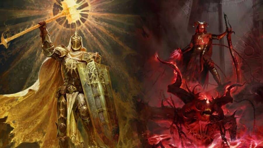 Artwork di Diablo 4: Lord of Hatred che mostra un Paladino dorato contrapposto a una figura demoniaca rossa legata all’odio infernale.