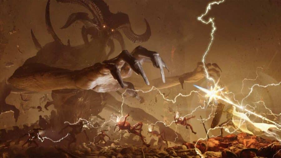 Enorme demone sullo sfondo mentre fulmini e magie colpiscono il campo di battaglia in una scena epica di Diablo 4: Lord of Hatred.