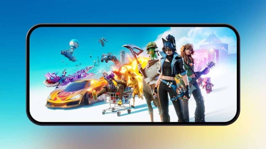 Smartphone mostrato in orizzontale con artwork promozionale di Fortnite, tra personaggi, veicoli e colori vivaci su sfondo chiaro.