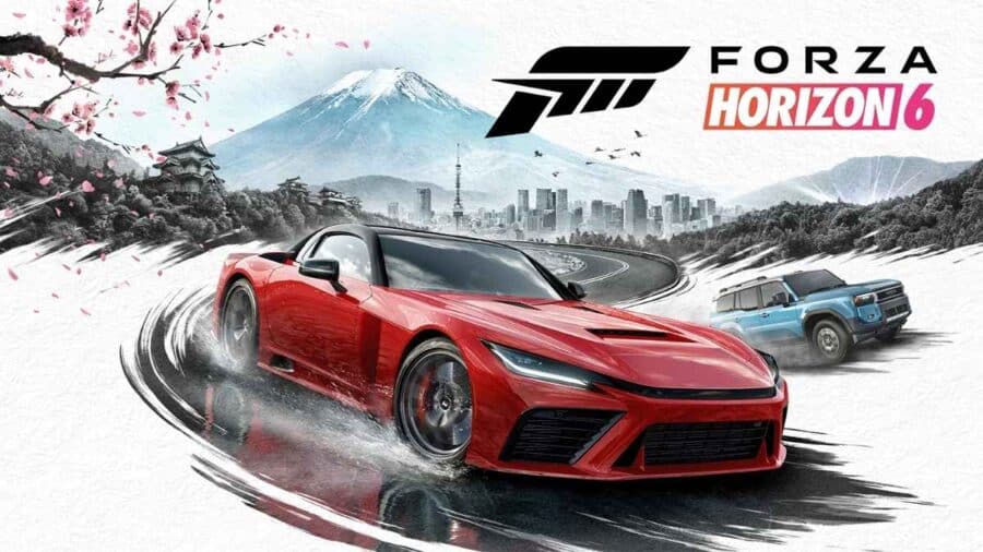 Artwork promozionale di Forza Horizon 6 con auto sportiva rossa in primo piano, Monte Fuji, skyline giapponese e logo del gioco.