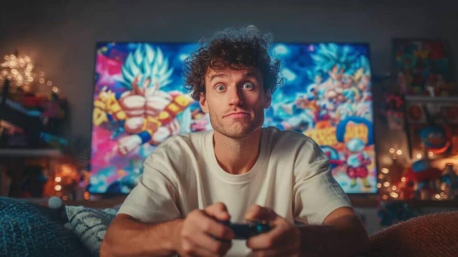 Giovane videogiocatore con controller in mano davanti a uno schermo colorato, intento a giocare in salotto.