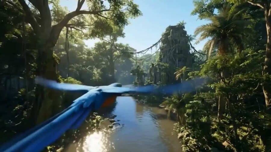 Ambiente generato dall’intelligenza artificiale con un personaggio blu in volo sopra un fiume, all’interno di una giungla con rovine e vegetazione tropicale.