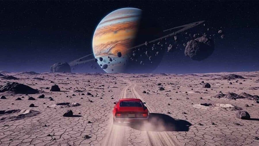 Auto rossa su un paesaggio lunare generato dall’intelligenza artificiale, con un enorme pianeta e asteroidi visibili nello spazio.