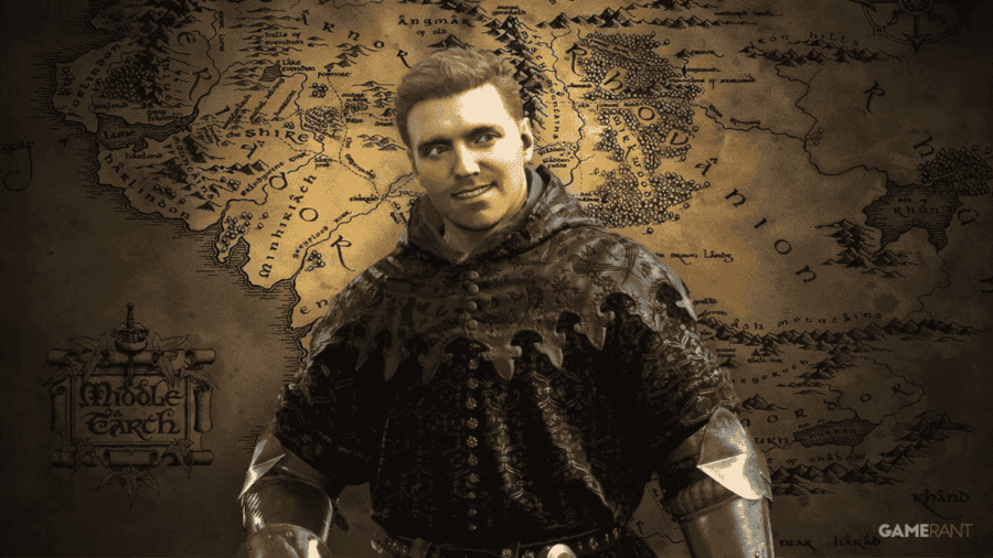Personaggio medievale di Kingdom Come davanti a una mappa fantasy della Terra di Mezzo, con atmosfera epica e toni dorati.