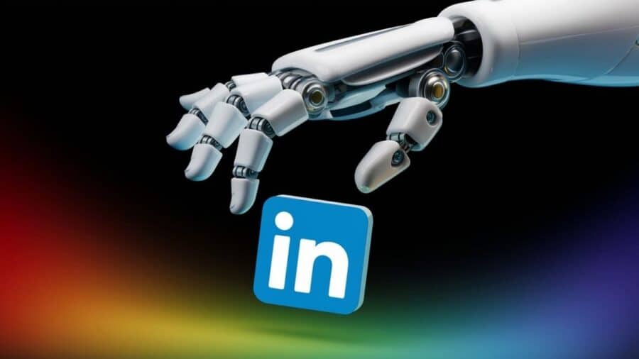 Una mano robotica sospesa su sfondo scuro afferra il logo di LinkedIn, simbolo del rapporto tra intelligenza artificiale e mondo del lavoro digitale.