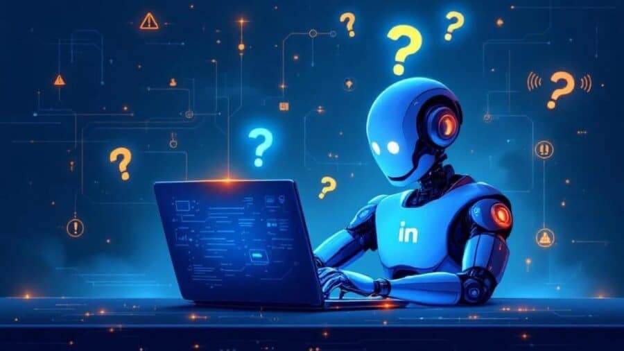 Un robot con il logo LinkedIn sul petto lavora a un laptop circondato da punti interrogativi e icone digitali, in una scena futuristica blu.