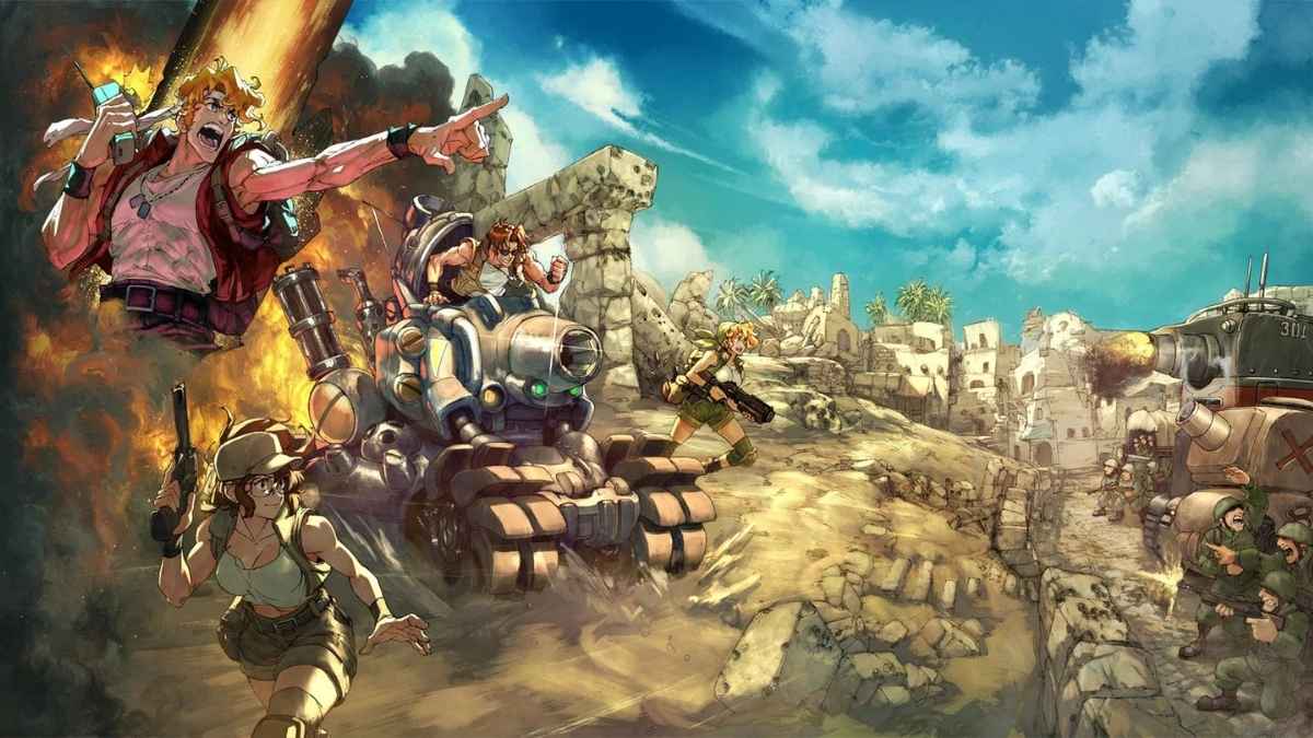 Artwork celebrativo di Metal Slug con soldati, veicoli corazzati, esplosioni e ambientazione desertica in stile anime e pixel art arcade.