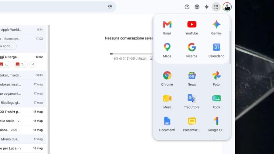 Nuovo selettore app Google in Gmail con le icone ridisegnate per Drive, Calendar, Meet e altri servizi