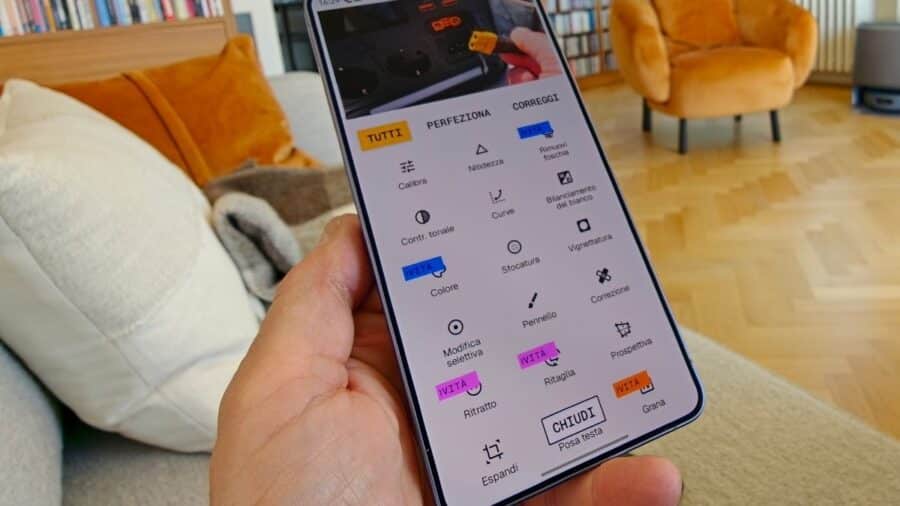 Pannello strumenti di Snapseed 4.0 su Android con Calibra, Ritratto, Grana, Correzione e altri tool pro