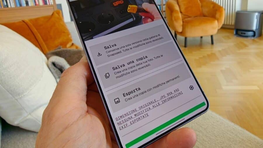 chermata di esportazione di Snapseed 4.0 con le opzioni Salva, Salva una copia ed Esporta su Android