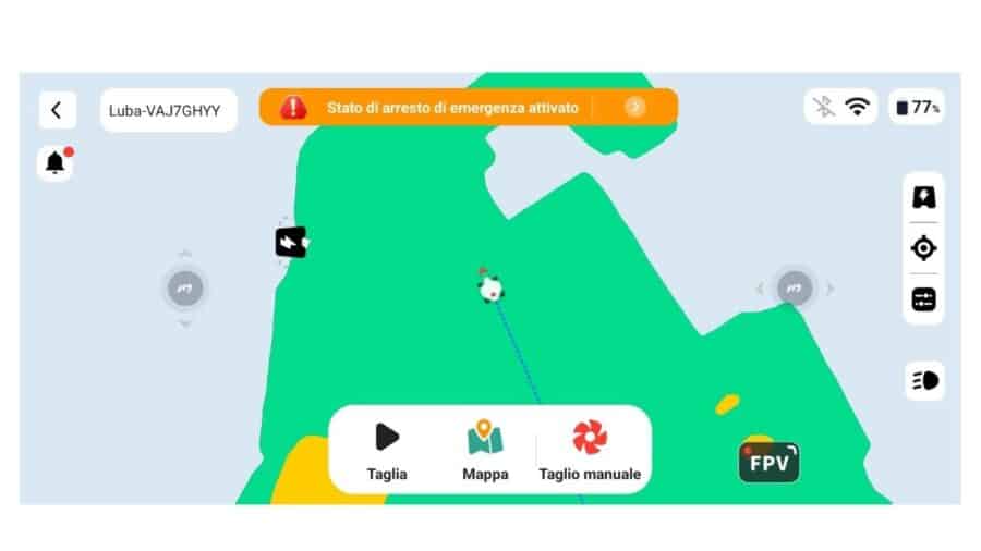 Schermata dell'app Mammotion con mappa del giardino e notifica di arresto di emergenza attivato, interfaccia in italiano
