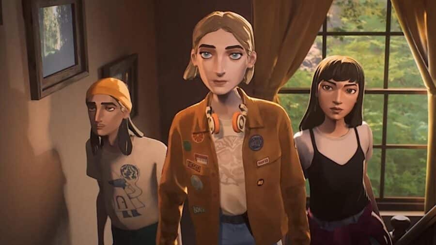 Tre adolescenti in stile grafico cartoon realistico entrano in una stanza illuminata dalla luce del tramonto, con una finestra sullo sfondo e un’atmosfera intima e malinconica.